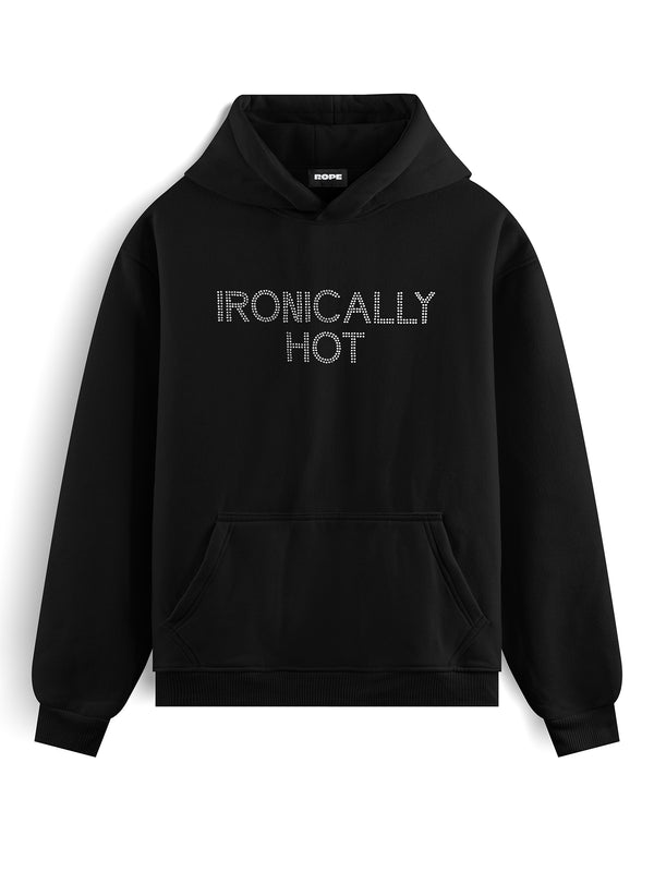 Ironicallyhot Baskılı Oversize Kapüşonlu Sweatshirt Hoodie Siyah ön görünüm