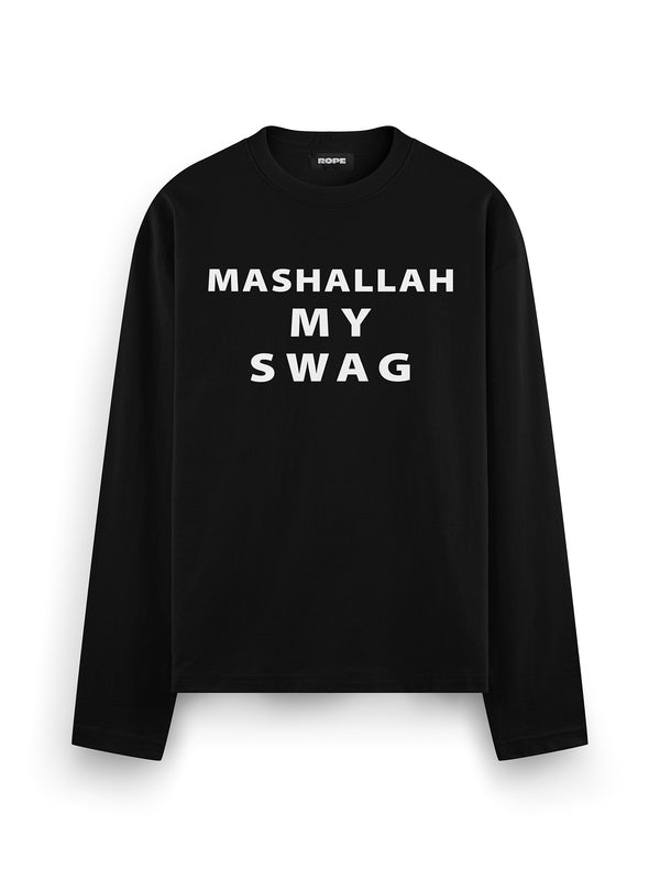 Mashallah My Swag Baskılı Uzun Kollu Oversize Tişört Siyah ön görünüm
