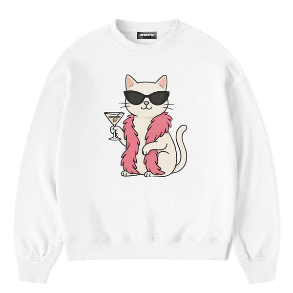 Cat With Ön Baskılı Oversize Sweatshirt Beyaz ön görünüm
