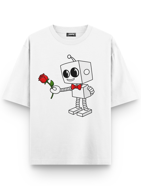 Robotic Love Baskılı Couple Oversize Tişört Beyaz