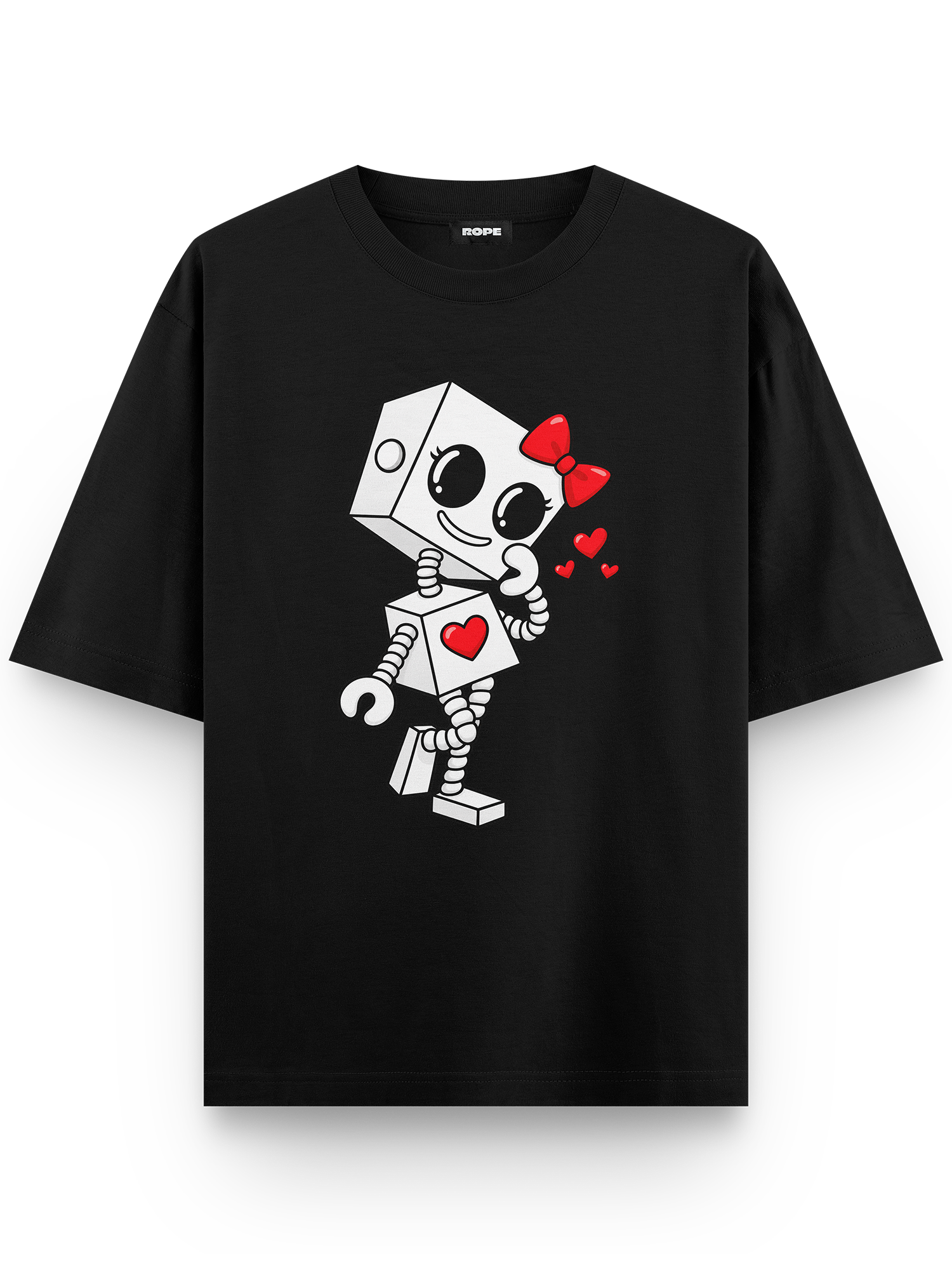 Robotic Love Baskılı Couple Oversize Tişört Siyah