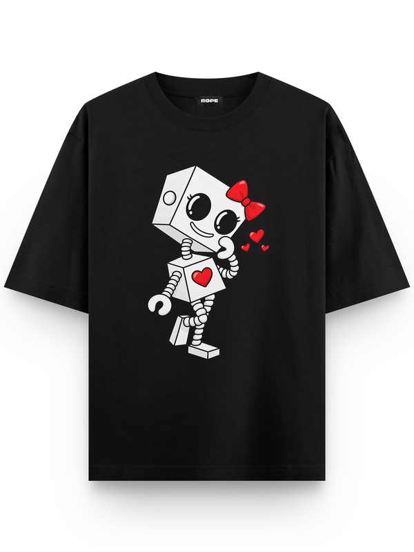 Robotic Love Baskılı Couple Oversize Tişört Siyah