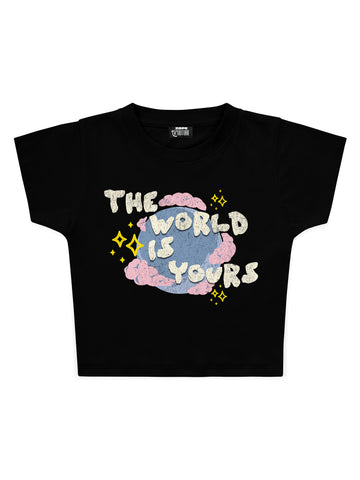 Kadın World is Yours Baskılı Crop Baby Tee