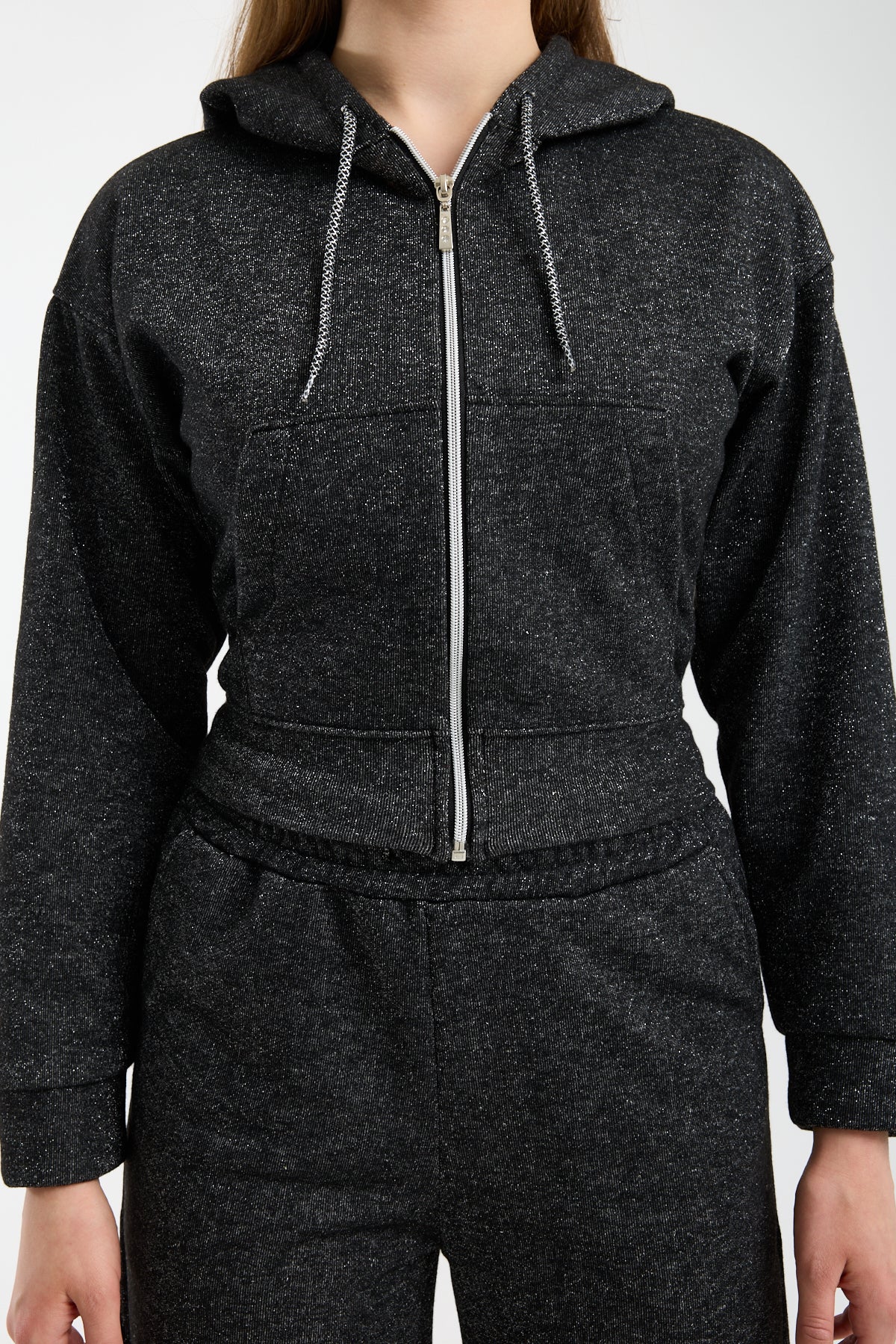 Simli Parıltılı Fermuarlı Kapüşonlu Sweatshirt