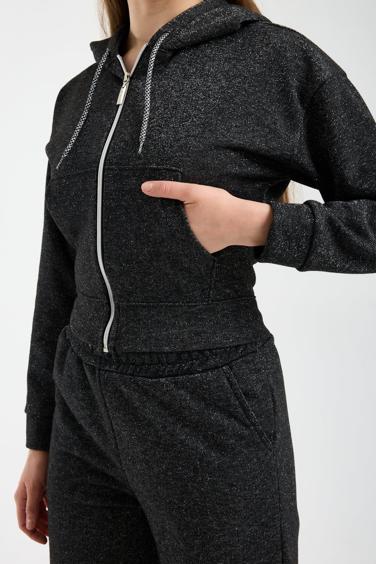 Simli Parıltılı Fermuarlı Kapüşonlu Sweatshirt