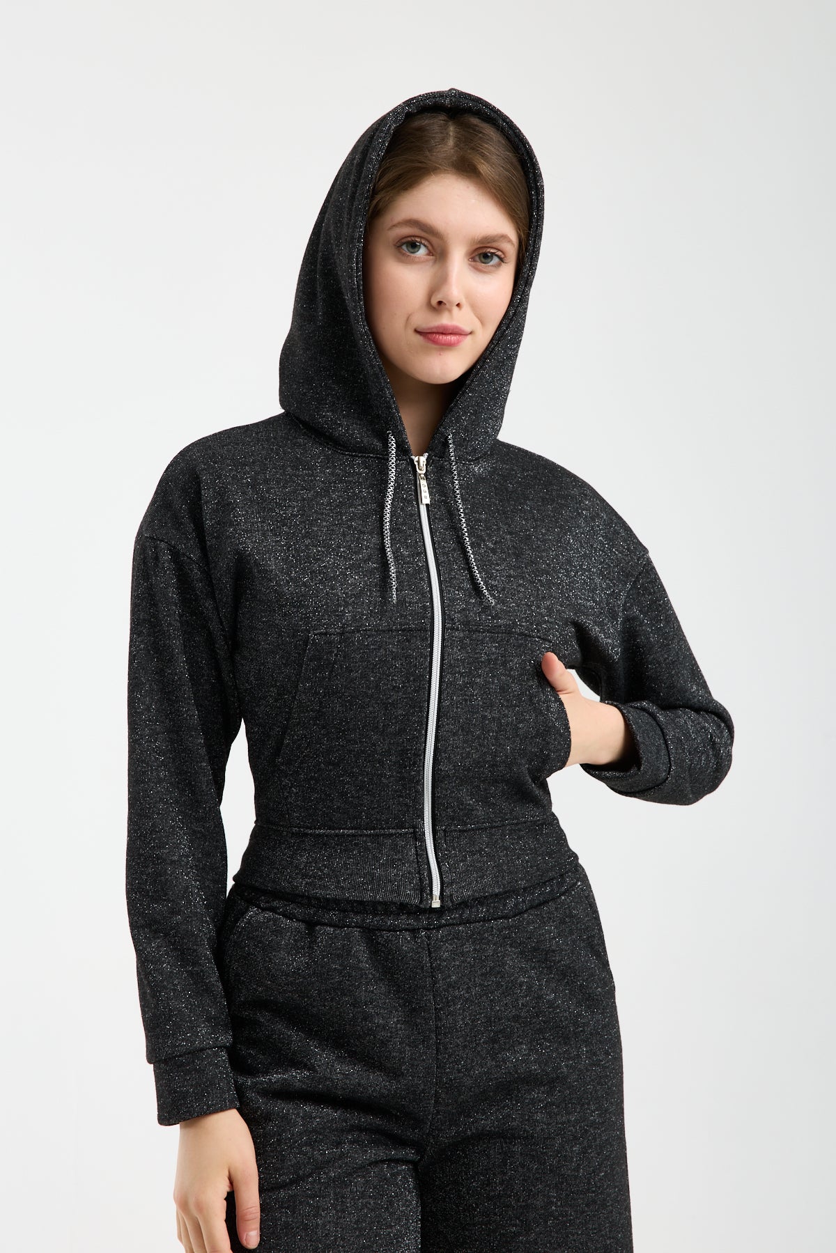Simli Parıltılı Fermuarlı Kapüşonlu Sweatshirt