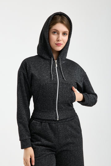 Simli Parıltılı Fermuarlı Kapüşonlu Sweatshirt